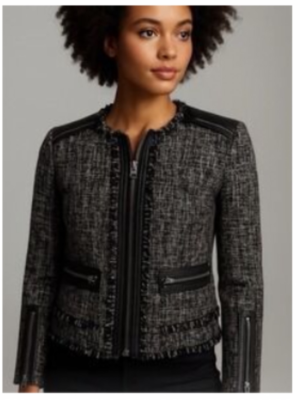 Rebecca Taylor Black & Gray Tweed Jacket with Leather Trim